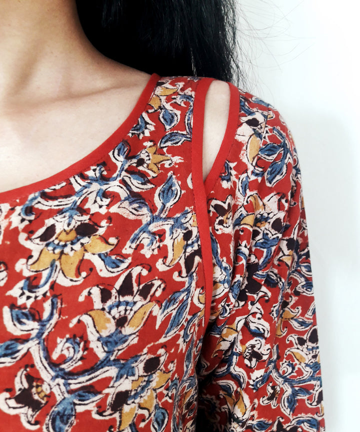 Red hand block printed kalamkari cotton kurti