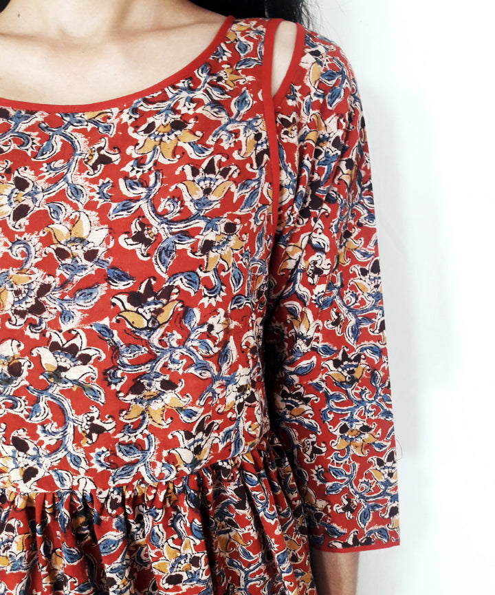 Red hand block printed kalamkari cotton kurti