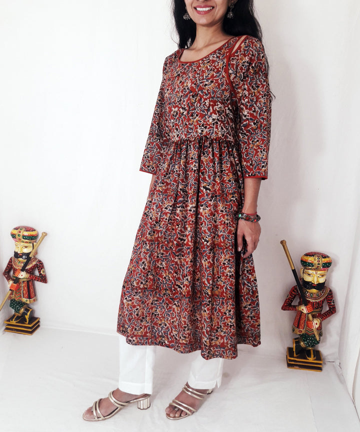 Red hand block printed kalamkari cotton kurti