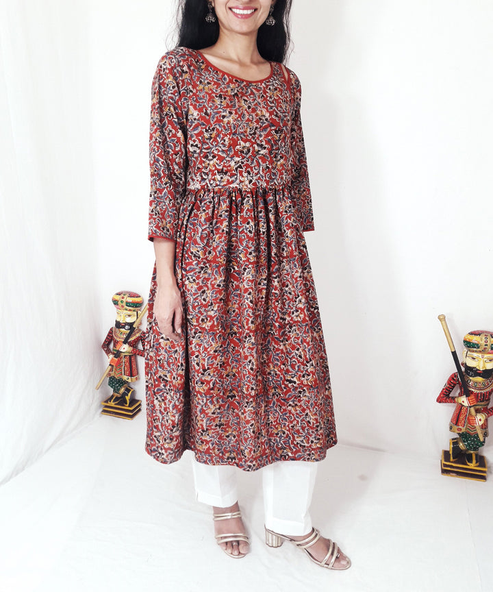 Red hand block printed kalamkari cotton kurti