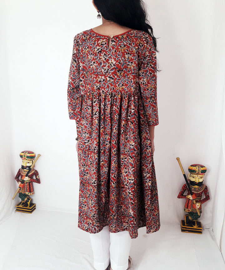 Red hand block printed kalamkari cotton kurti