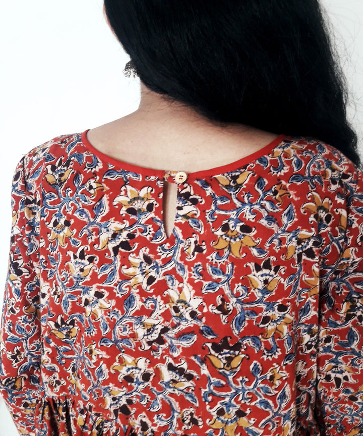 Red hand block printed kalamkari cotton kurti