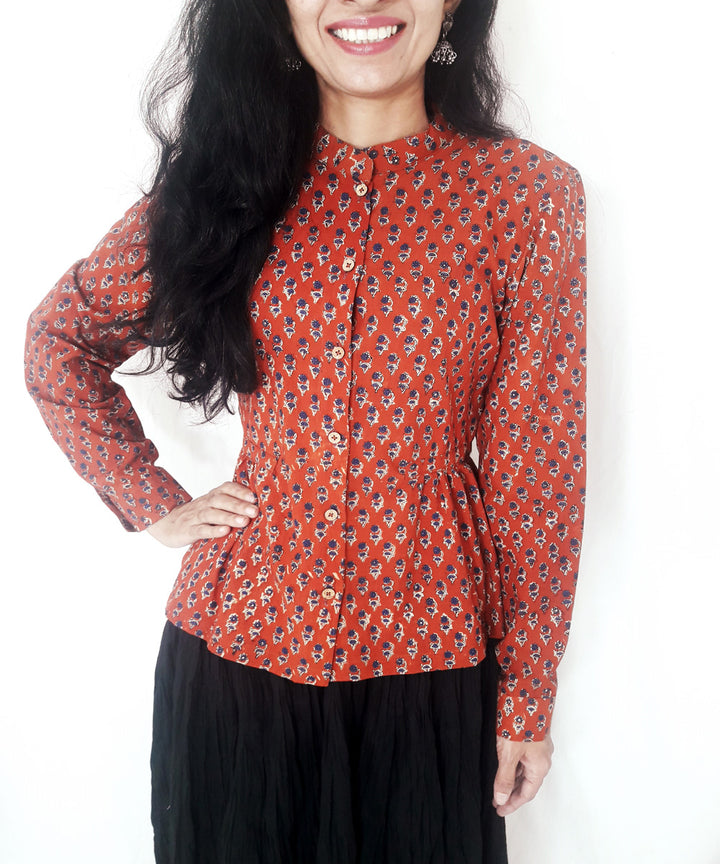 Rust hand block print cotton top