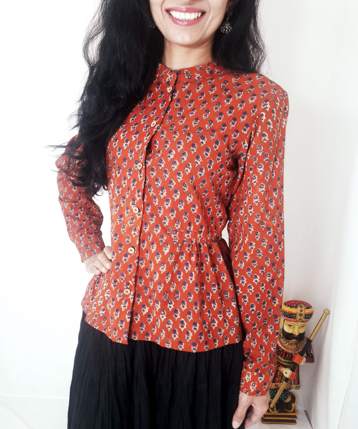 Rust hand block print cotton top