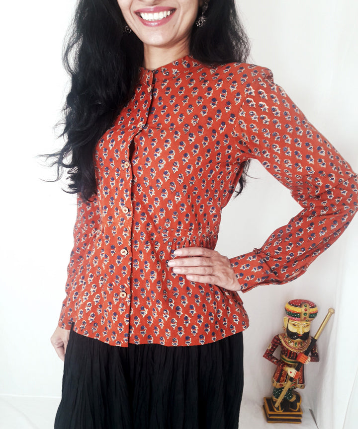 Rust hand block print cotton top
