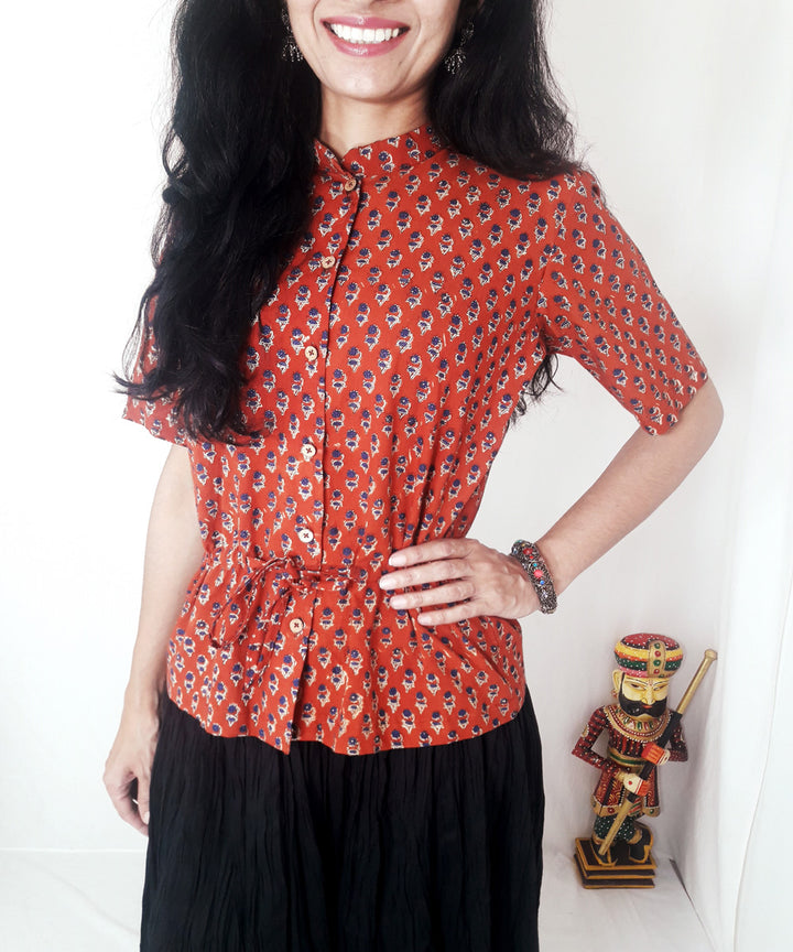 Rust hand block printed cotton top