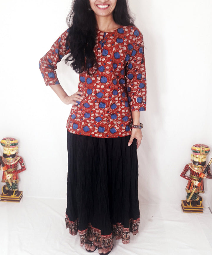 Red hand block print cotton top