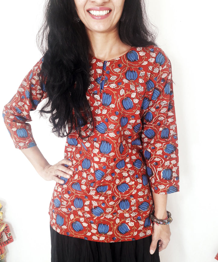 Red hand block print cotton top