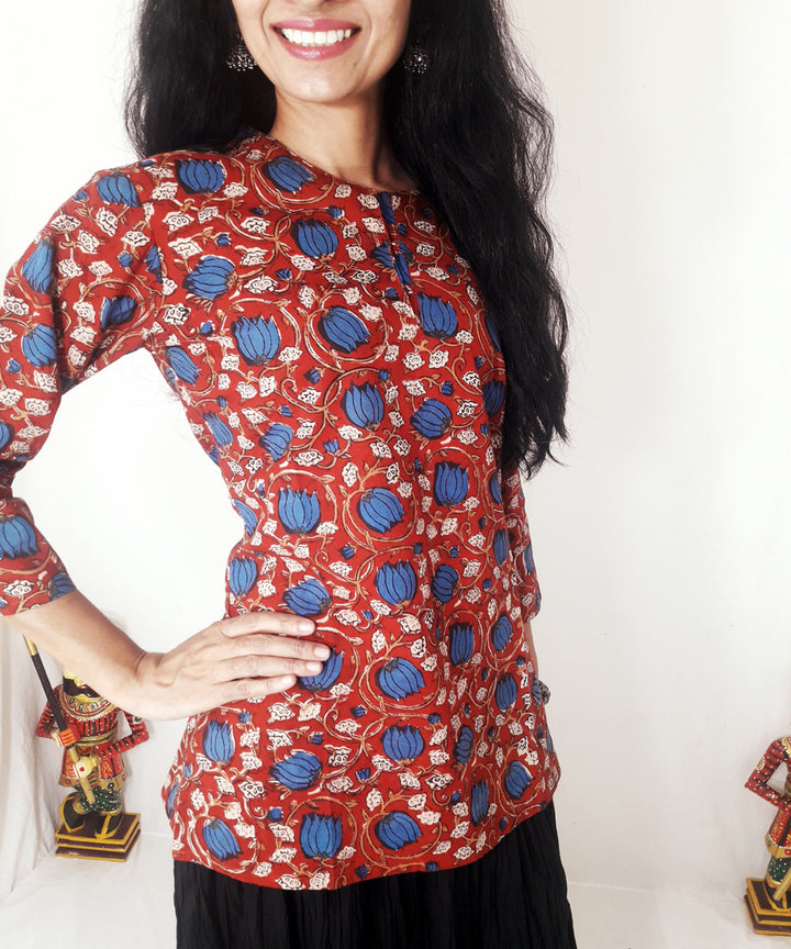 Red hand block print cotton top