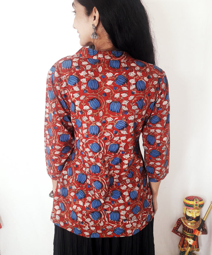 Red hand block print cotton top