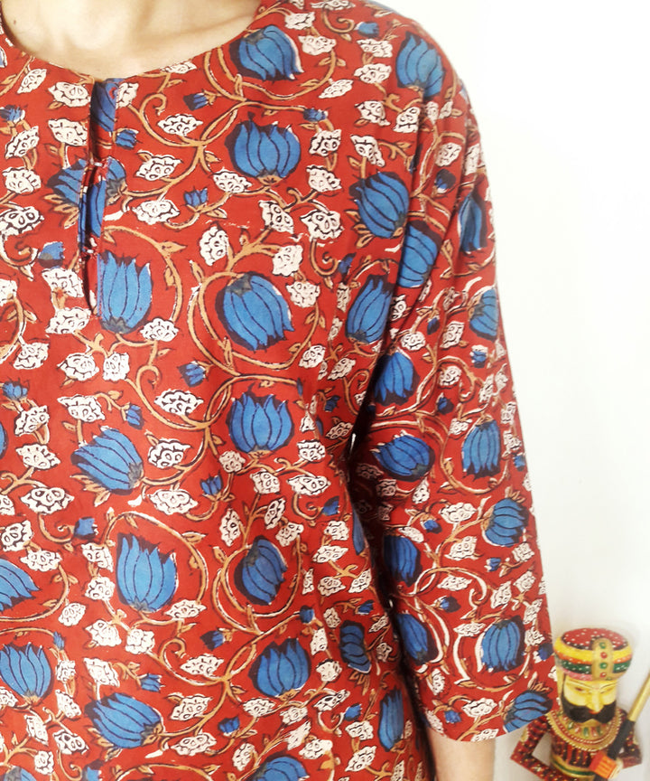 Red hand block print cotton top