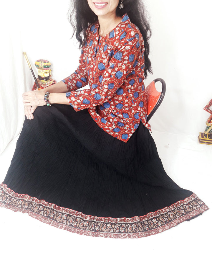 Red hand block print cotton top