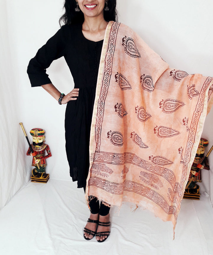 Peach handblock printed chanderi silk dupatta
