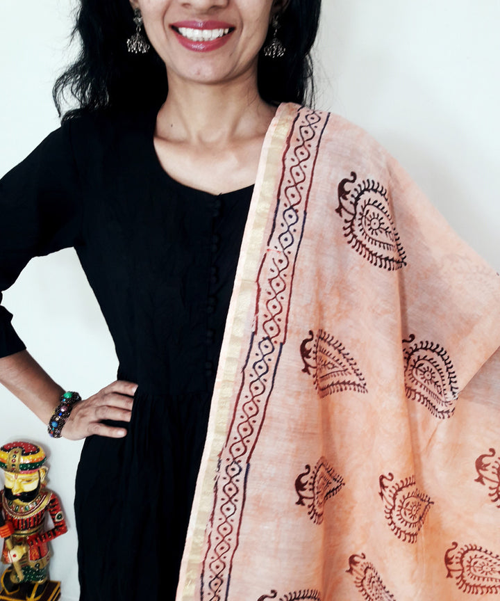 Peach handblock printed chanderi silk dupatta