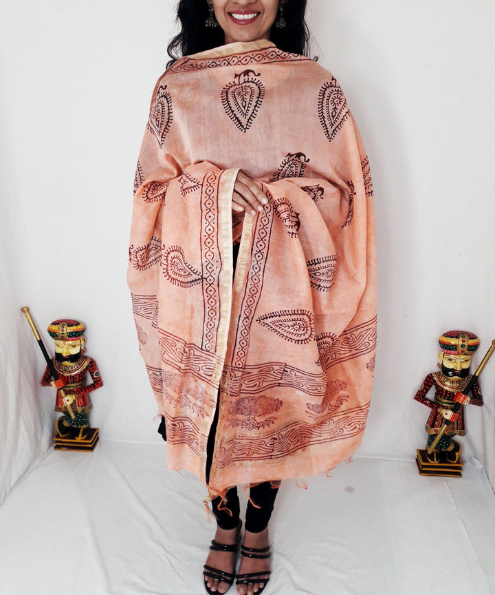 Peach handblock printed chanderi silk dupatta