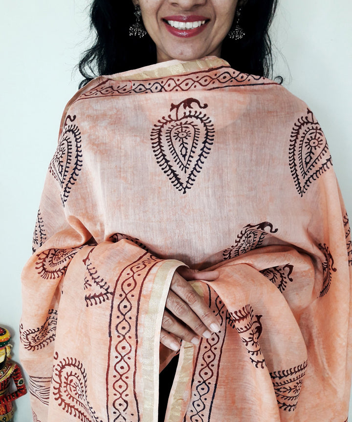 Peach handblock printed chanderi silk dupatta