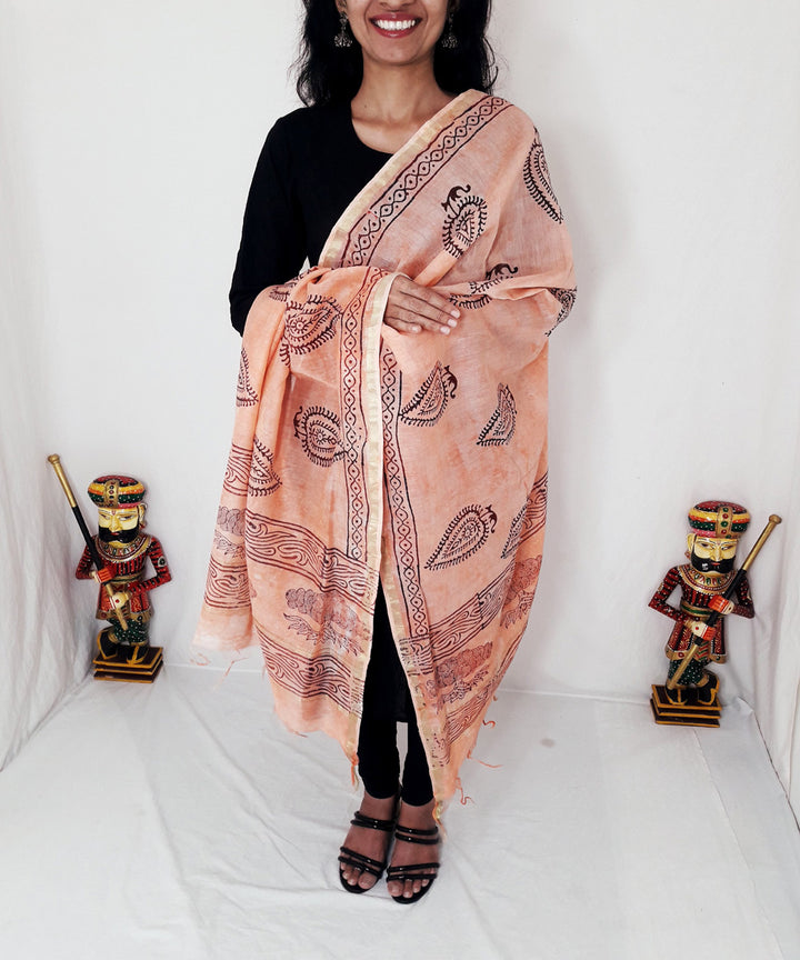 Peach handblock printed chanderi silk dupatta