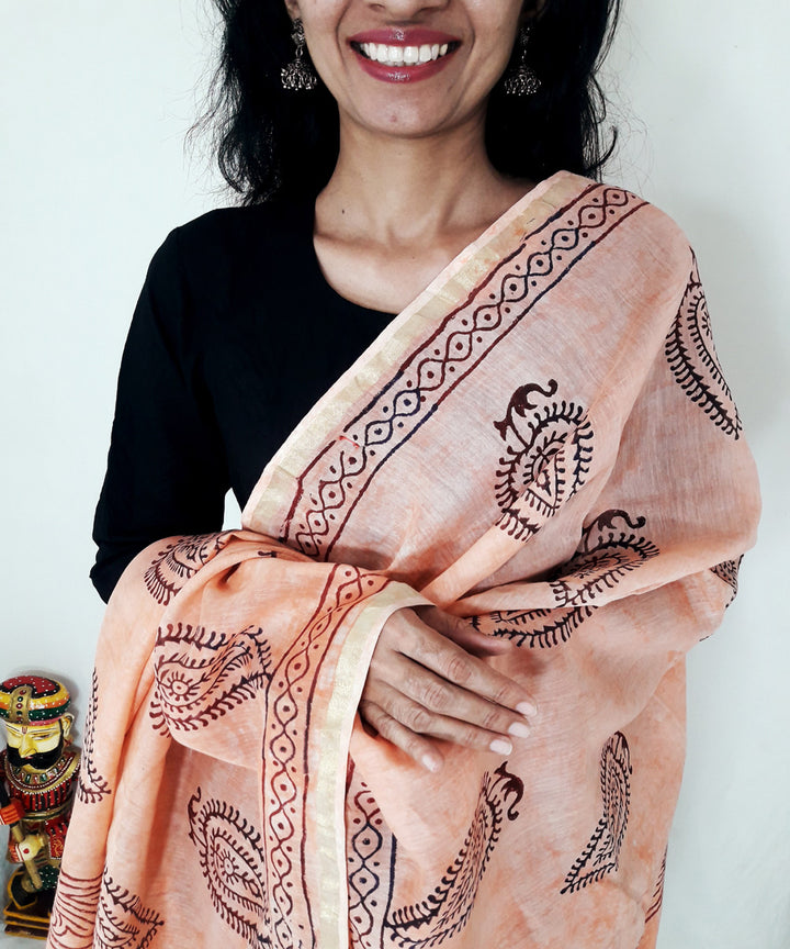 Peach handblock printed chanderi silk dupatta