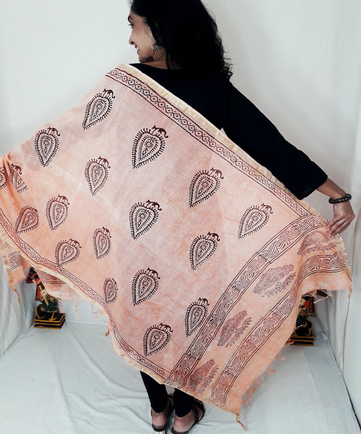 Peach handblock printed chanderi silk dupatta