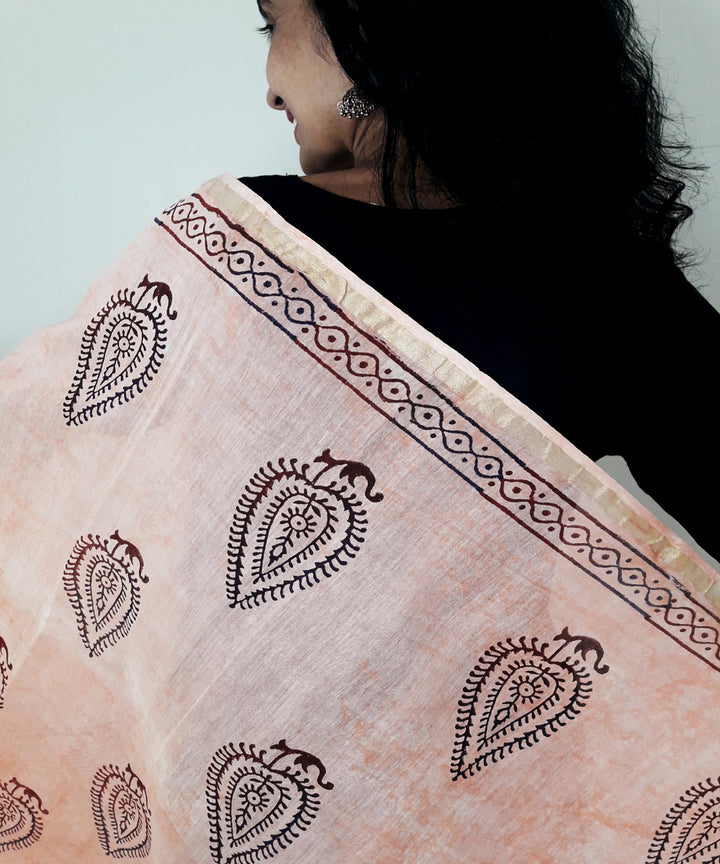 Peach handblock printed chanderi silk dupatta