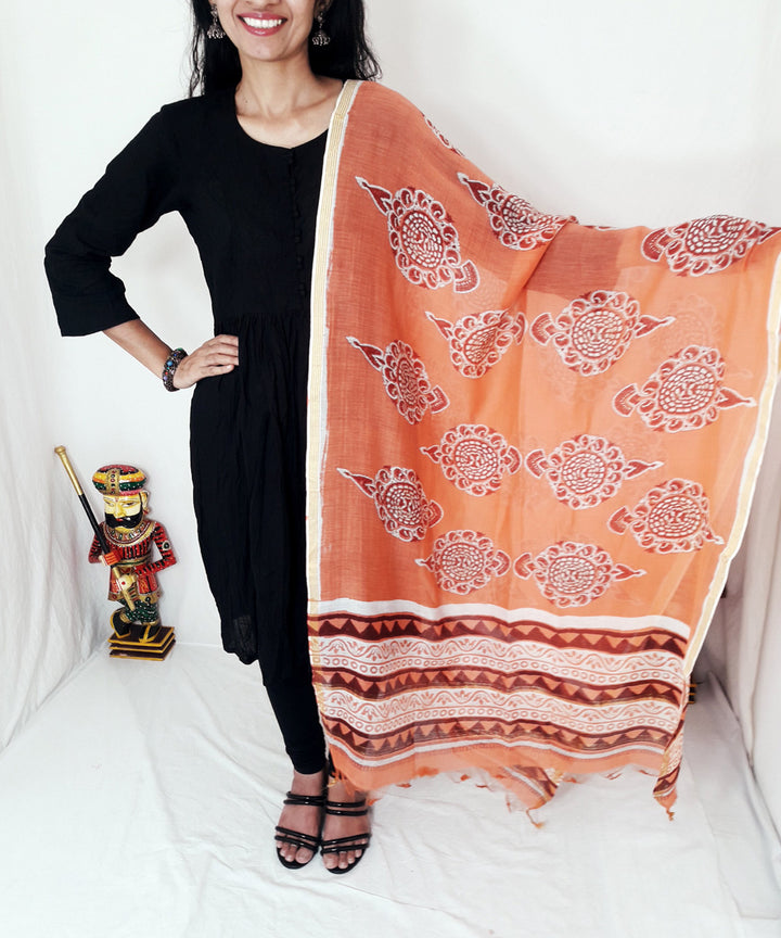 Orange handblock printed chanderi silk dupatta