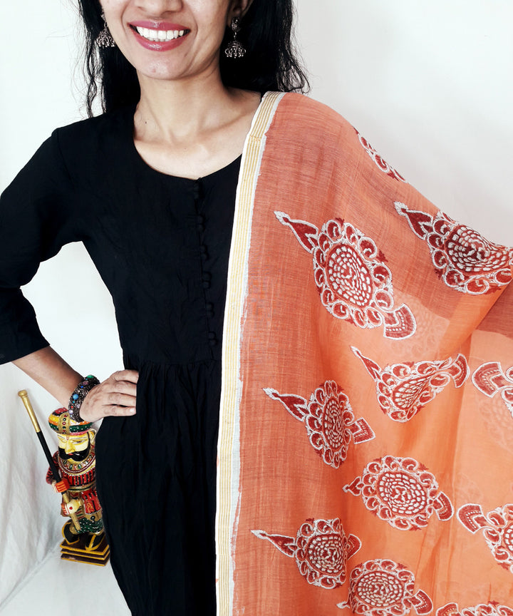 Orange handblock printed chanderi silk dupatta