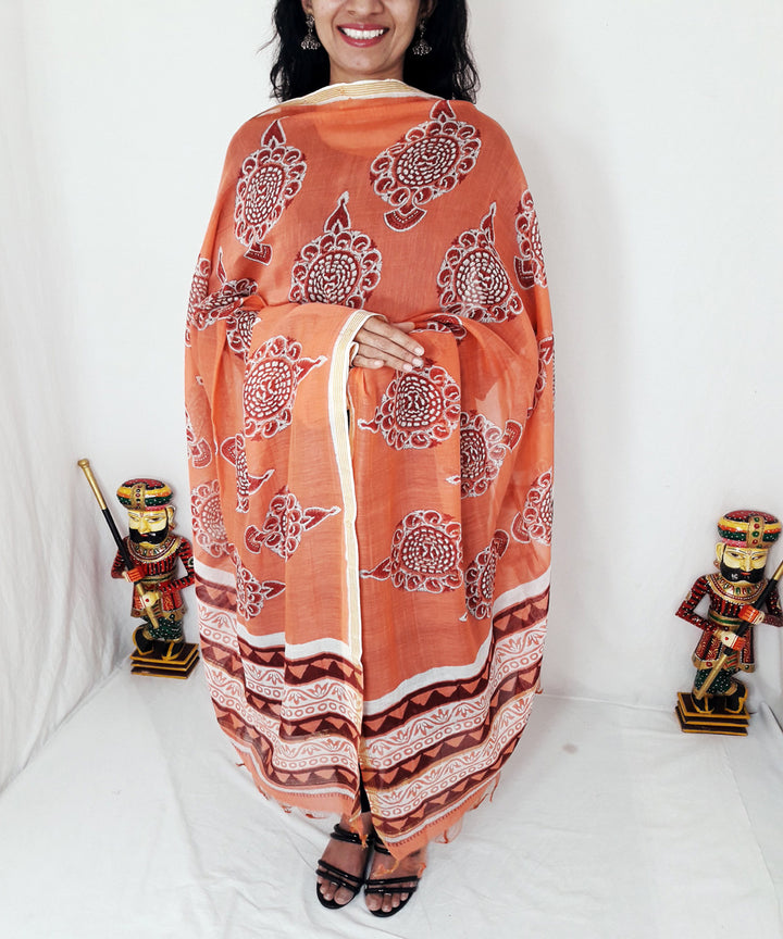 Orange handblock printed chanderi silk dupatta