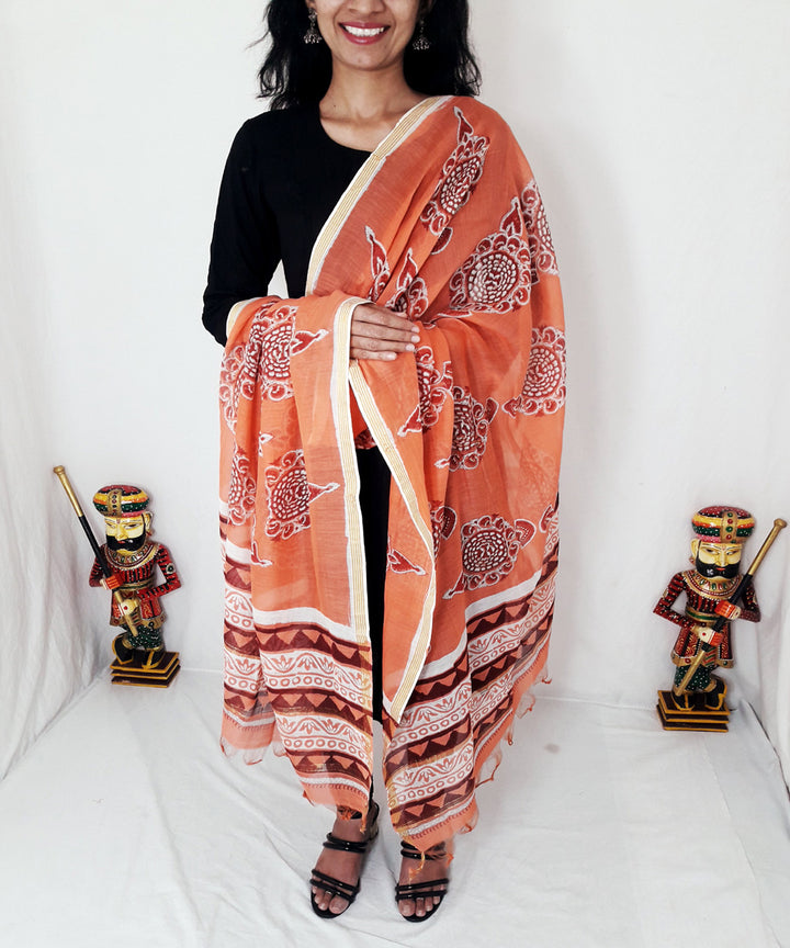 Orange handblock printed chanderi silk dupatta