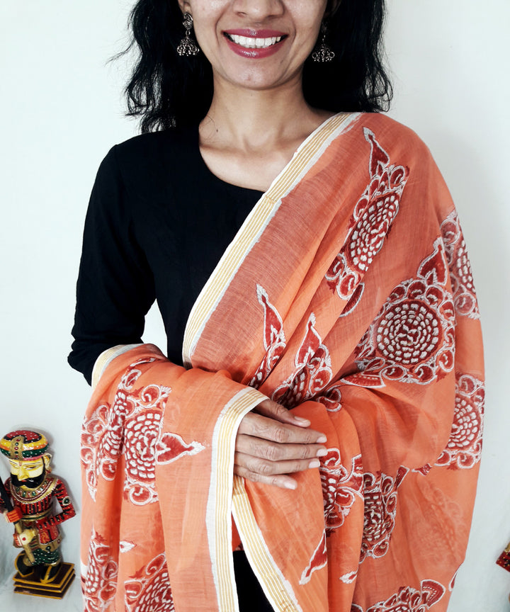 Orange handblock printed chanderi silk dupatta