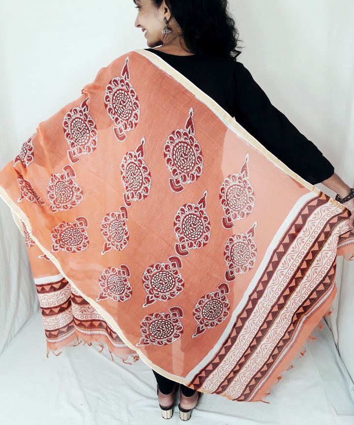 Orange handblock printed chanderi silk dupatta