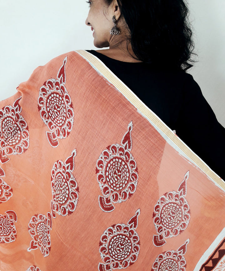 Orange handblock printed chanderi silk dupatta