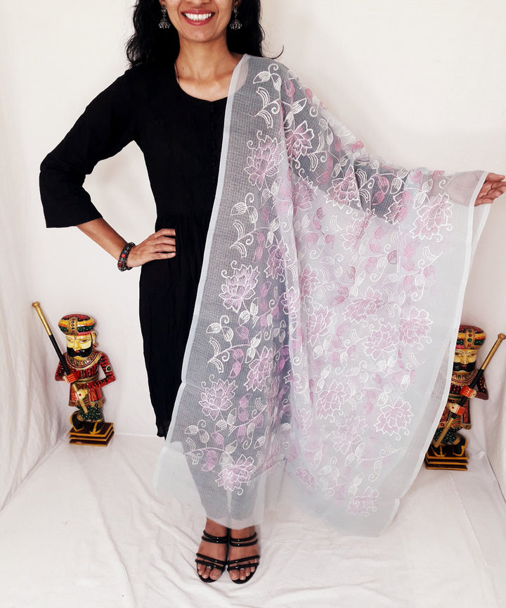 Light grey lahariya kota doria embroidery dupatta