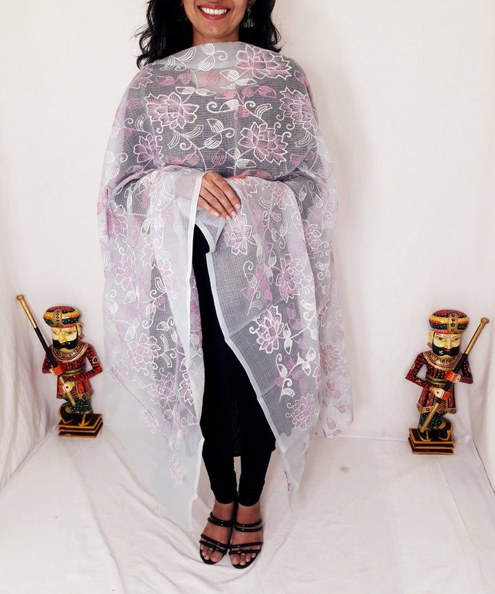 Light grey lahariya kota doria embroidery dupatta