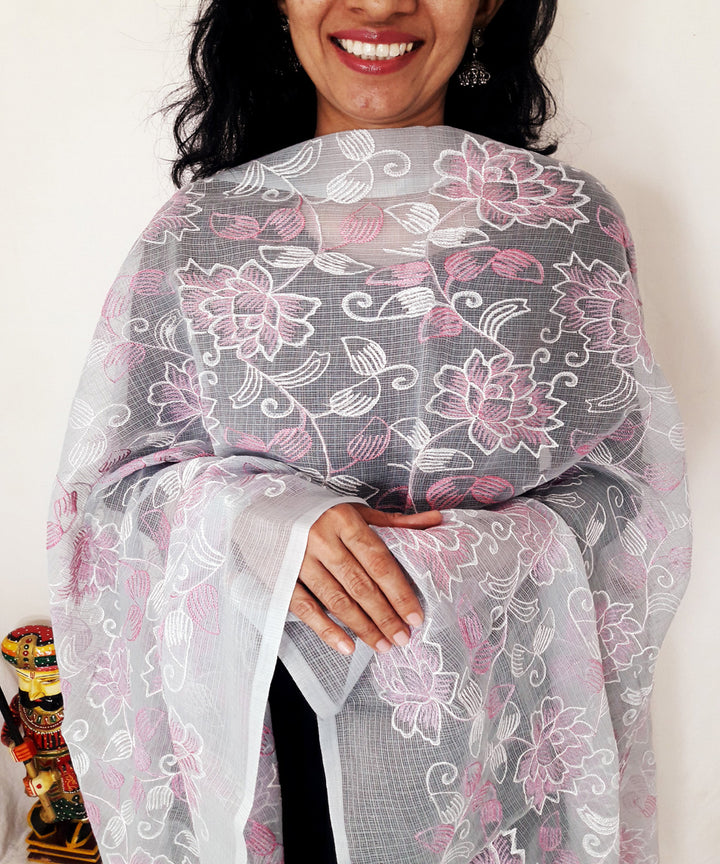 Light grey lahariya kota doria embroidery dupatta