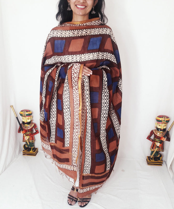 Multi color handblock printed chanderi silk dupatta