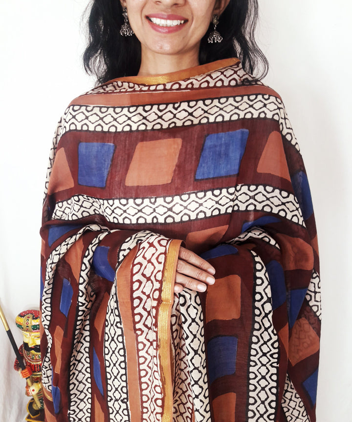Multi color handblock printed chanderi silk dupatta