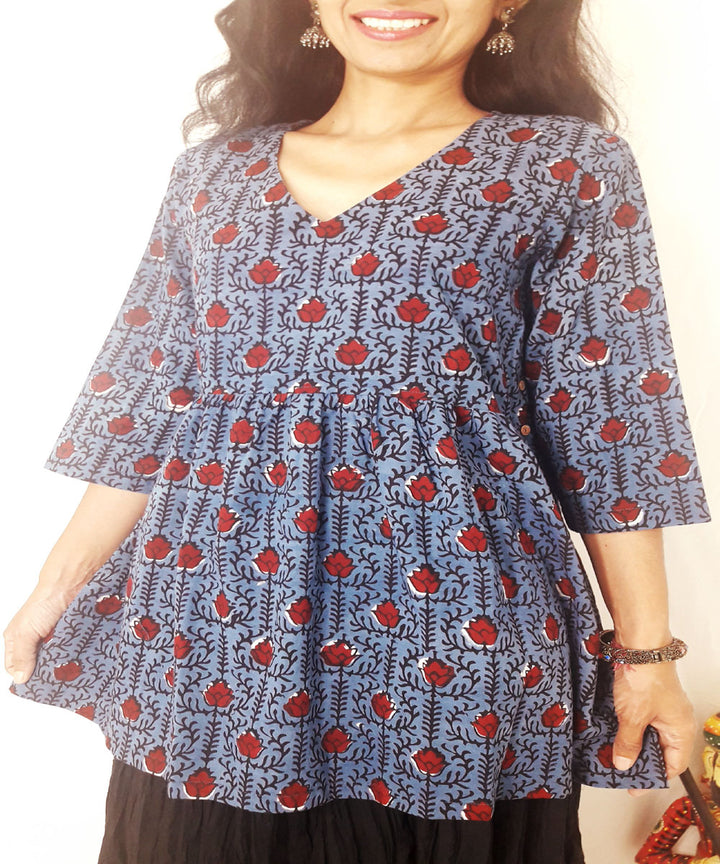 Indigo multicolor hand block printed cotton top