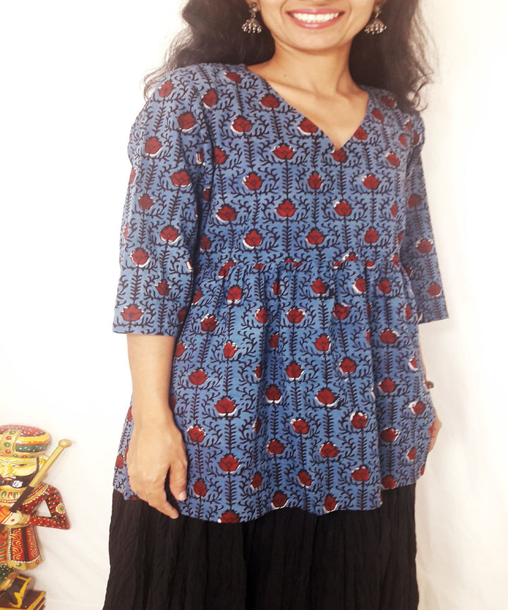 Indigo multicolor hand block printed cotton top