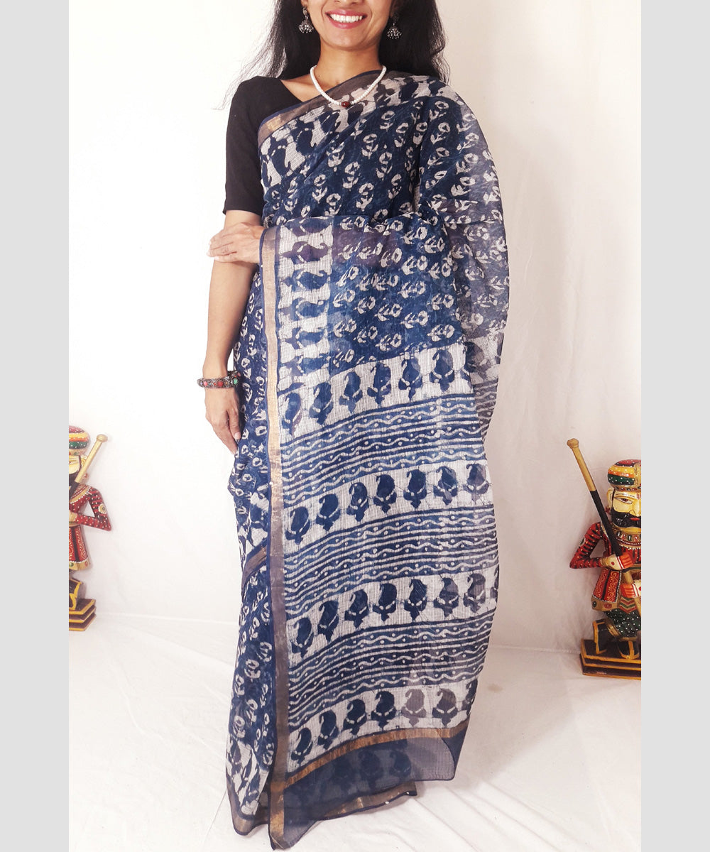 Indigo hand printed kota doria cotton saree