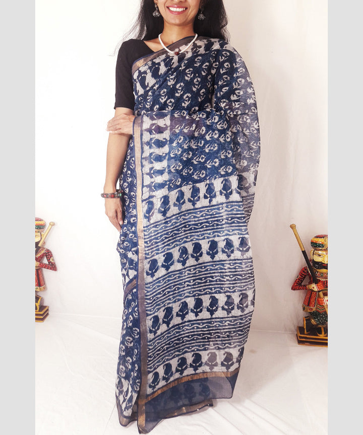 Indigo hand printed kota doria cotton saree