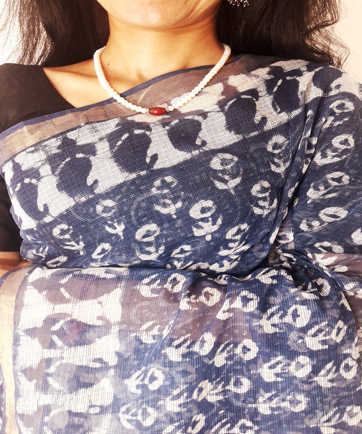 Indigo hand printed kota doria cotton saree