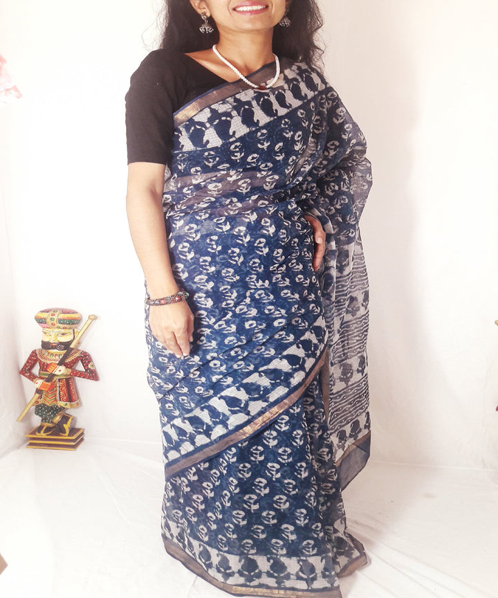 Indigo hand printed kota doria cotton saree