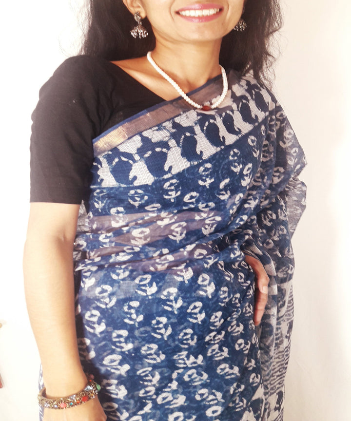 Indigo hand printed kota doria cotton saree