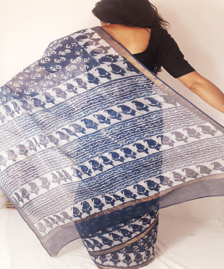 Indigo hand printed kota doria cotton saree