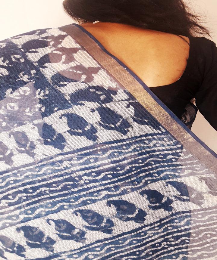 Indigo hand printed kota doria cotton saree