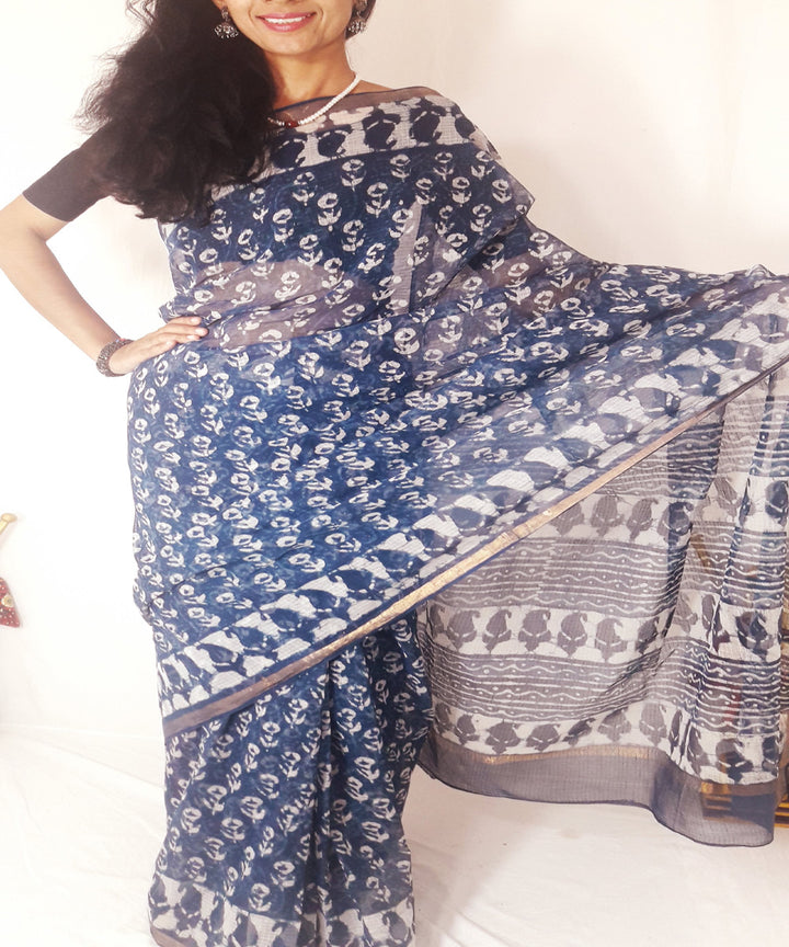 Indigo hand printed kota doria cotton saree