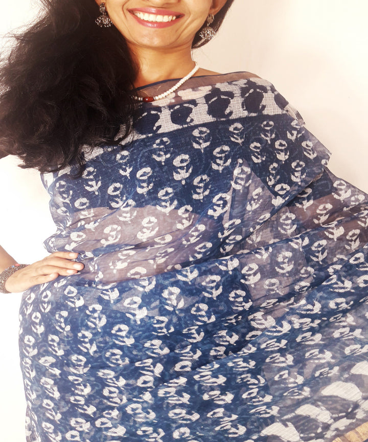 Indigo hand printed kota doria cotton saree