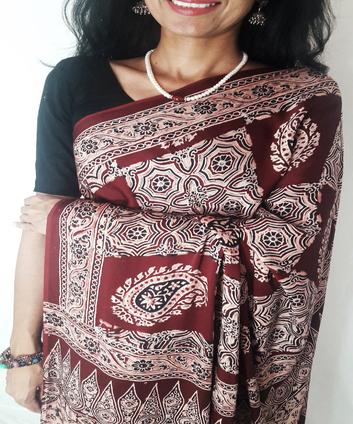 Beige maroon ajrakh modal silk saree