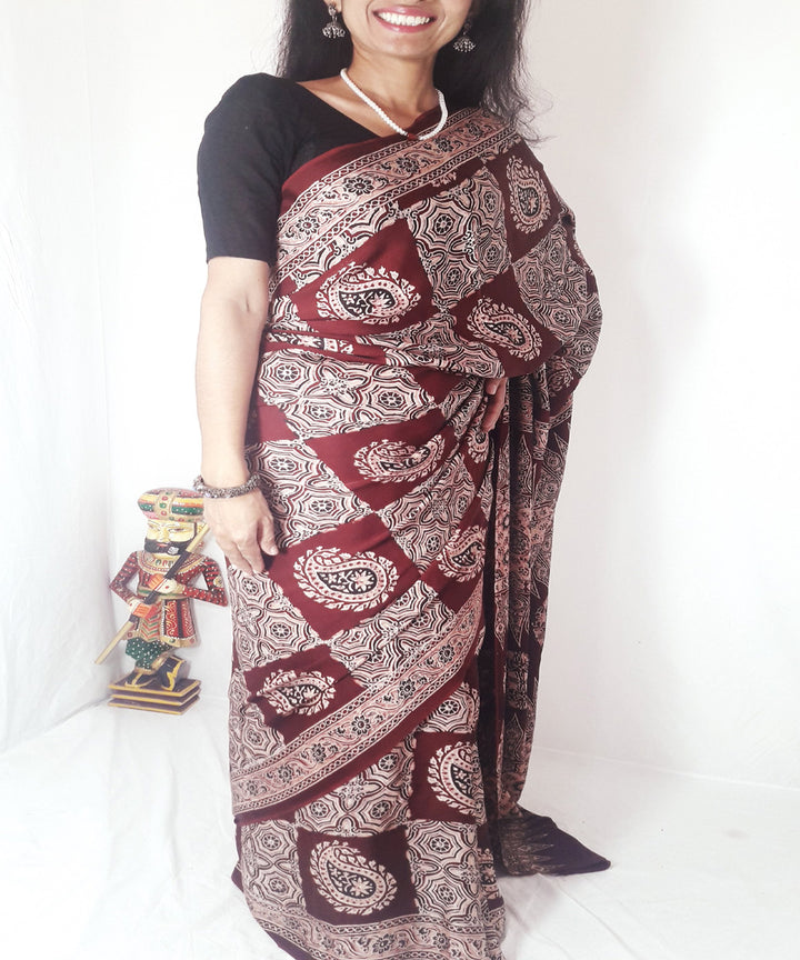 Beige maroon ajrakh modal silk saree