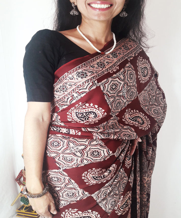 Beige maroon ajrakh modal silk saree